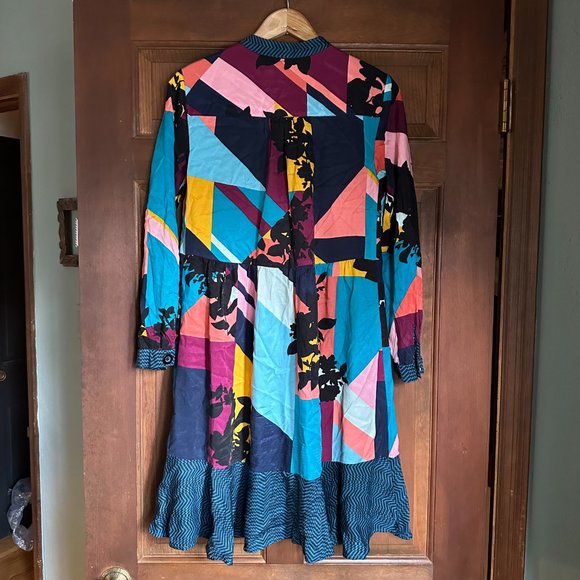MAEVE for ANTHROPOLOGIE Gillian multicolored long sleeve dress XS teal patchwork - Picture 2 of 13